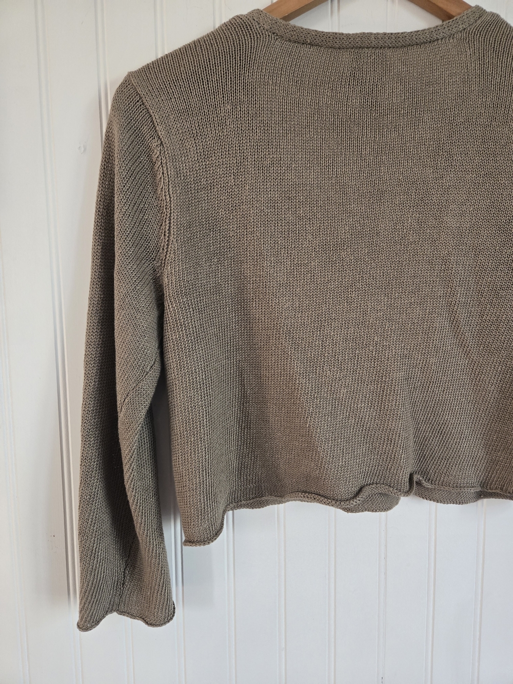 Eileen Fisher Linen Knit Taupe V-Neck Button Front Cropped Sweater - Picture 8 of 9